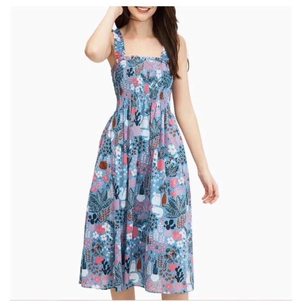 Kate Spade Garden Posy Smocked Midi Dress Blue Pink Floral Cat Cactus Print S